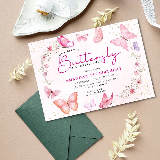 Pink floral Glitter a little Butterfly birthday  Invitation (Creator Uploaded)