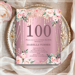 Pink Floral Glitter Budget 100 Birthday Invitation