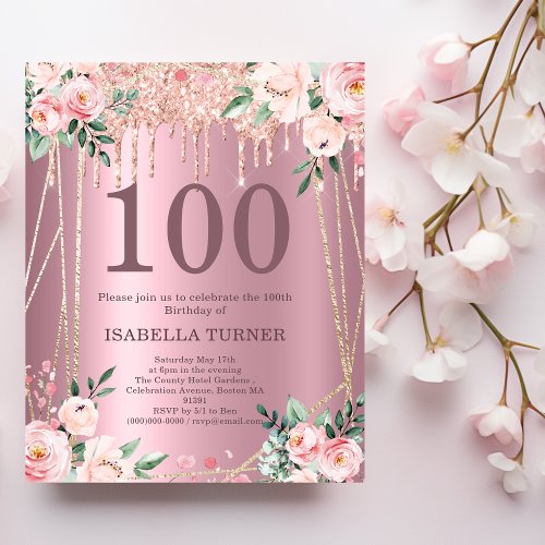 Pink Floral Glitter Budget 100 Birthday Invitation