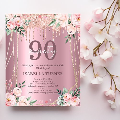 Pink Floral Glitter Budget 90 Birthday Invitation