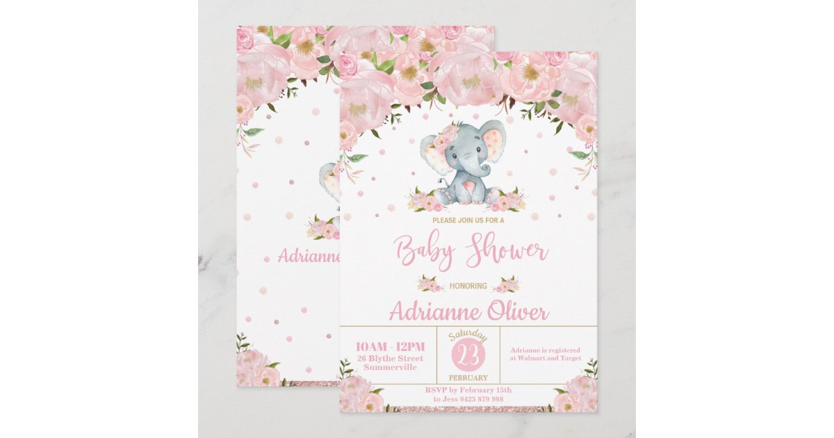 Pink Floral Glitter Cute Elephant Girl Baby Shower Invitation | Zazzle