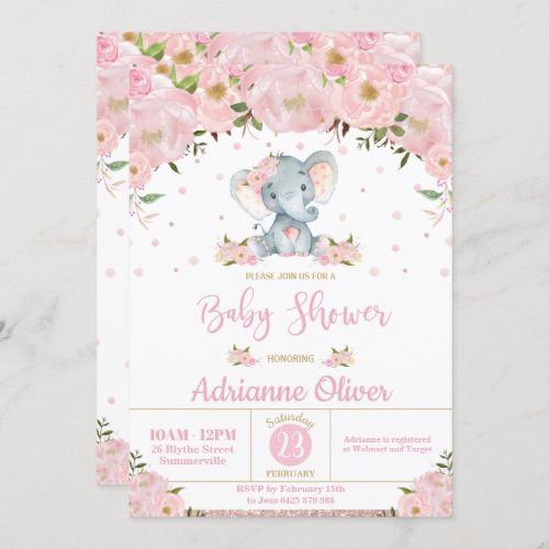 Pink Floral Glitter Cute Elephant Girl Baby Shower Invitation