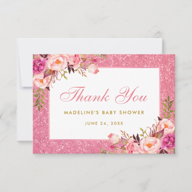 Pink Floral Glitter Gold Baby Shower Thanks Invitation (Front)