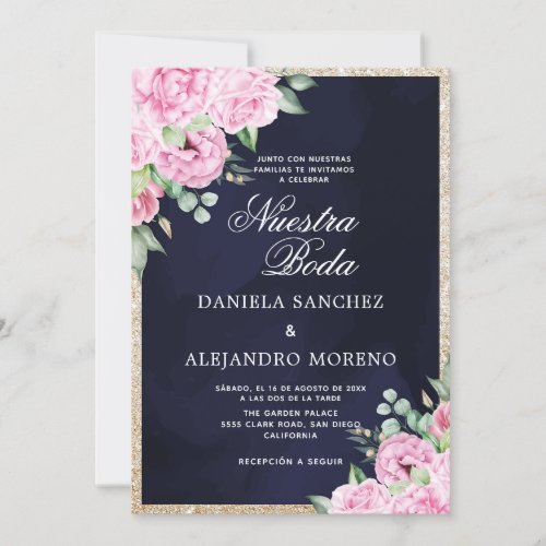 Pink Floral Glitter Nuestra Boda Spanish Wedding Invitation