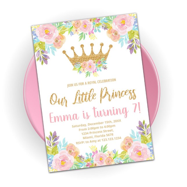 Pink Floral Glitter Princess Birthday Invitations (Creator Uploaded)