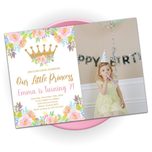 Pink Floral Glitter Princess Birthday With Photo Invitation (Creator Uploaded)