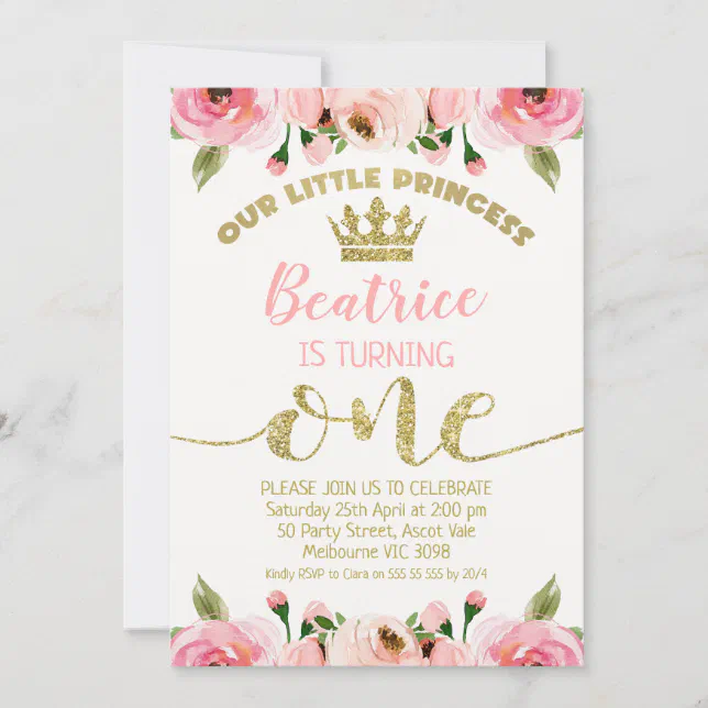 Pink Floral Glitter Princess Crown 1st Birthday Invitation | Zazzle