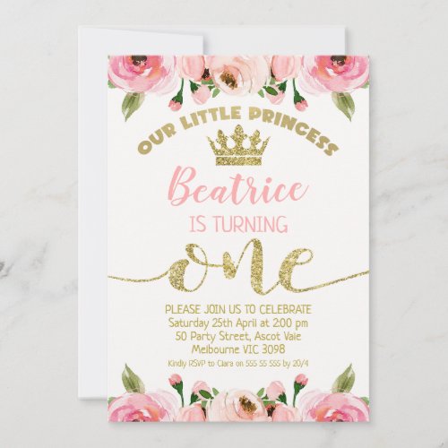 Pink Floral Glitter Princess Crown 1st Birthday Invitation