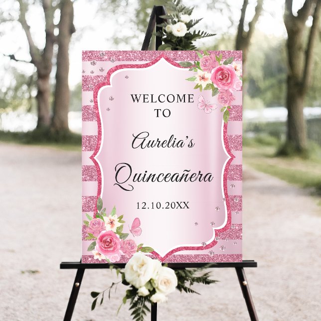 Pink Floral Glitter Quinceanera Welcome Sign (Creator Uploaded)