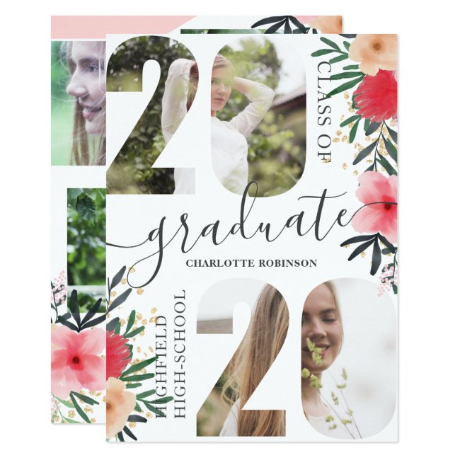 Pink floral glitter script 5 photo 2020 graduation invitation