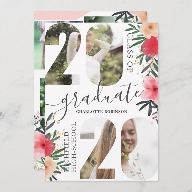 Pink floral glitter script 5 photo 2020 graduation invitation (Front/Back)