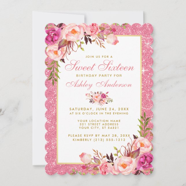 Pink Floral Glitter Sweet 16 Birthday Invite S (Front)