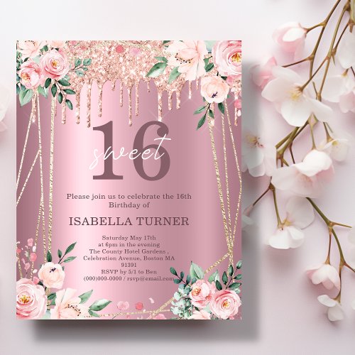Pink Floral Glitter Sweet 16th Birthday Invitation
