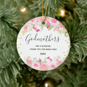 Pink Floral Godmothers Gold Ceramic Ornament
