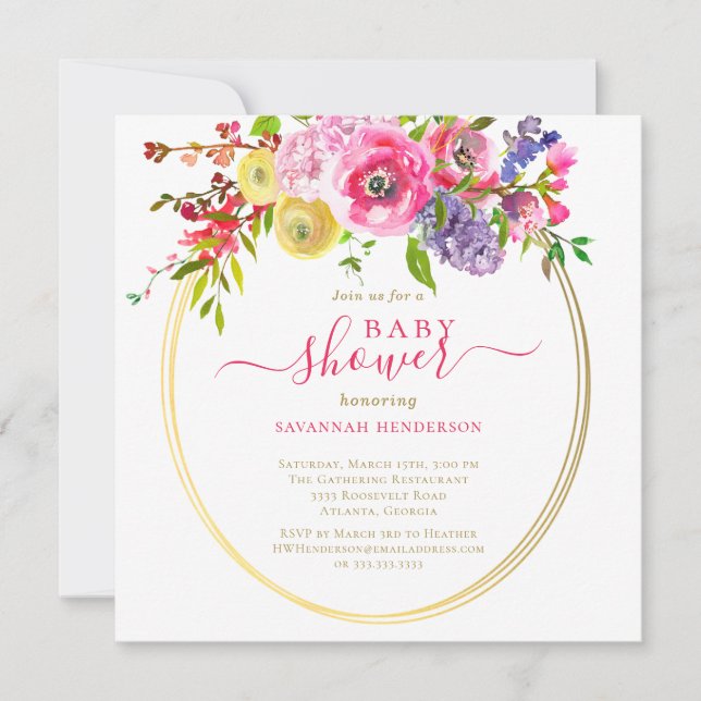Pink Floral Gold Accents Script Baby Shower Invita Invitation (Front)