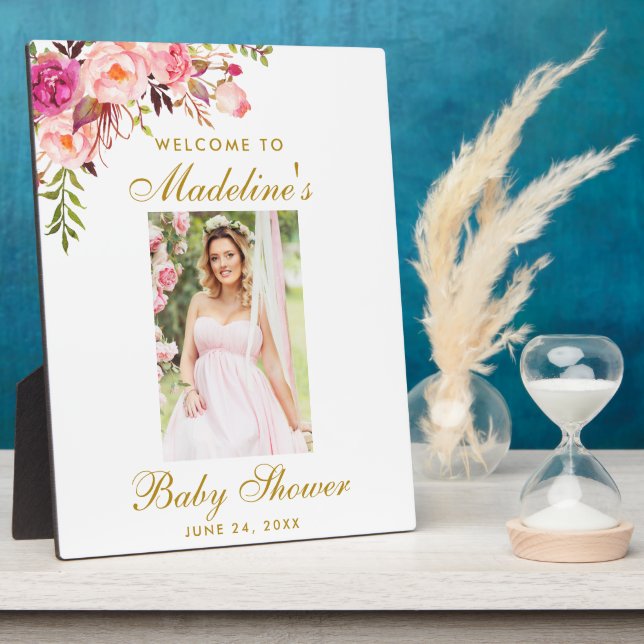 Pink Floral Gold Baby Shower Photo Welcome Plaque (Side)