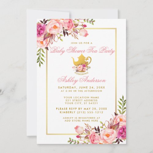 Pink Floral Gold Baby Shower Tea Party Invite