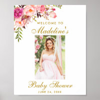 Pink Floral Gold Baby Shower Welcome Photo Poster