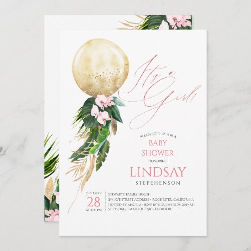 Pink Floral Gold Balloon Cute Tropical Baby Shower Invitation