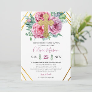 Pink Floral Gold Baptism Invitation