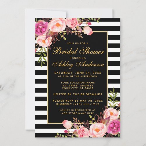 Pink Floral Gold Black Bridal Shower Invitation