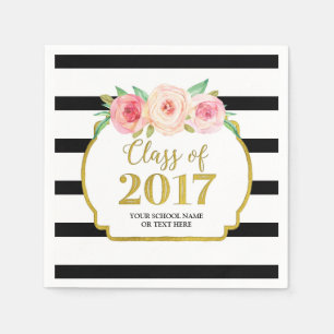 Pink Floral Gold Black Stripes 2017 Graduation Napkins