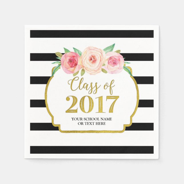 Pink Floral Gold Black Stripes 2017 Graduation Napkins (Front)