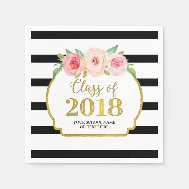 Pink Floral Gold Black Stripes 2018 Graduation Paper Napkin
