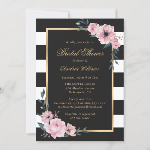 Pink Floral Gold Black Stripes Bridal Shower Invitation