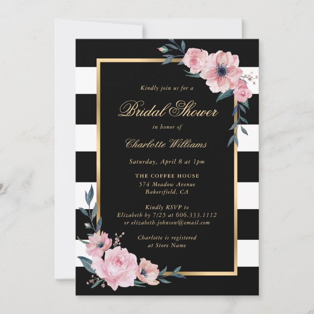 Pink Floral Gold Black Stripes Bridal Shower Invitation (Front)