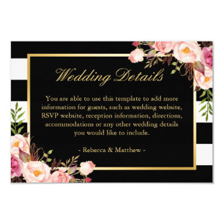 Pink Floral Gold Black Stripes Wedding Details Card