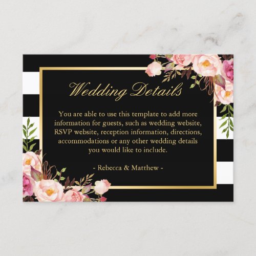 Pink Floral Gold Black Stripes Wedding Details Enclosure Card