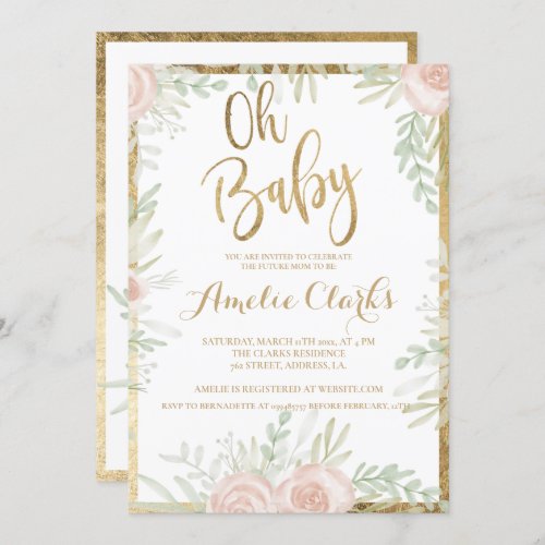 Pink floral gold border chic white Baby Shower Invitation