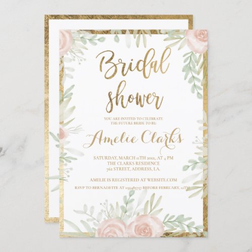 Pink floral gold border chic white Bridal Shower Invitation