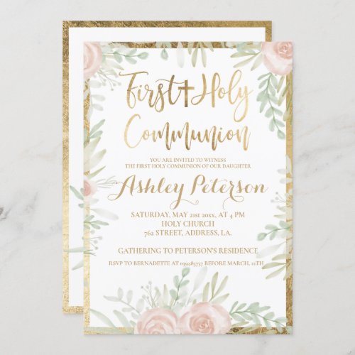 Pink floral gold border First Holy Communion Invitation