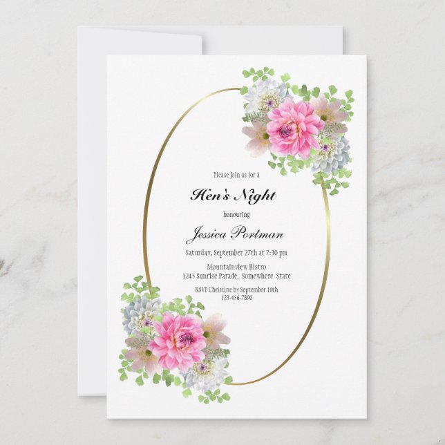 Pink Floral Gold Border Hen’s Night Invitation (Front)