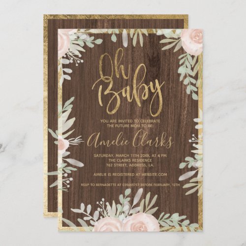 Pink floral gold border rustic wood Baby Shower Invitation