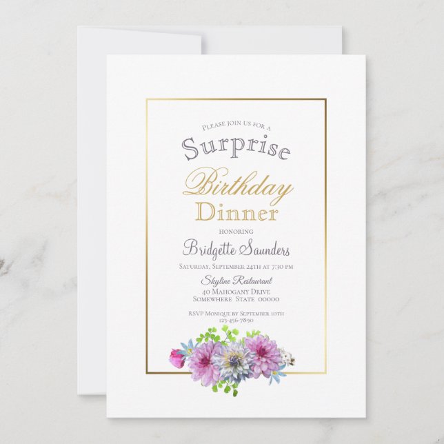 Pink Floral Gold  Border Surprise Birthday Dinner Invitation (Front)