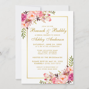 Pink Floral Gold Bridal Shower Brunch Invitation