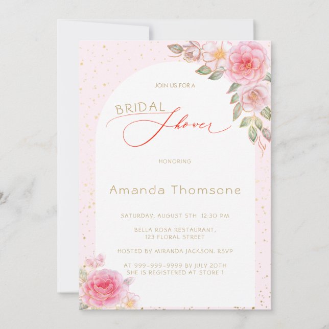Pink Floral Gold Bridal Shower Invitation (Front)