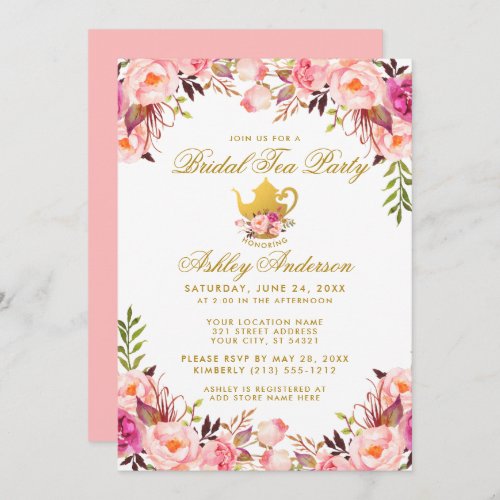 Pink Floral Gold Bridal Shower Tea Party Invitation