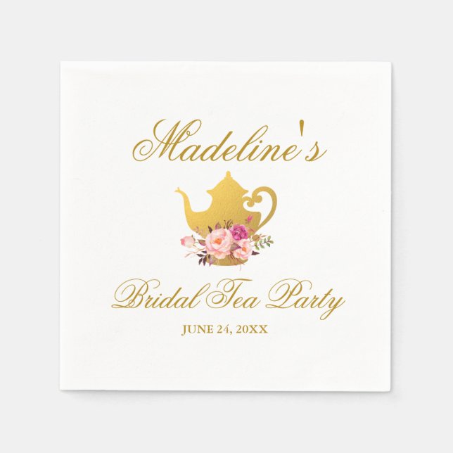 Pink Floral Gold Bridal Shower Tea Party Napkins (Front)