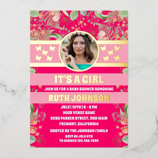 Pink Floral Gold Butterfly Girl Baby Shower Photo Foil Invitation (Front)