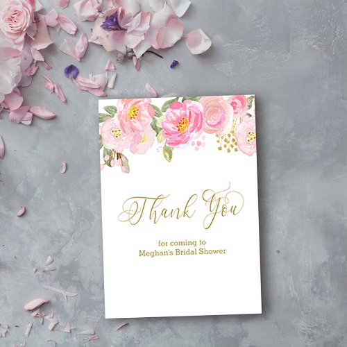 Pink Floral Gold Calligraphy Thank You Place Card 