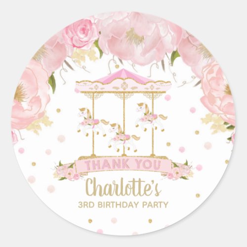 Pink Floral Gold Carousel Merry Go Round Birthday Classic Round Sticker