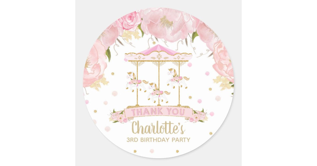 Pink Merry Go Round Pink Floral Gold Carousel Merry Go Round Birthday Classic Round Sticker ...
