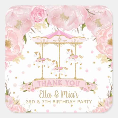 Pink Floral Gold Carousel Merry Go Round Birthday Square Sticker