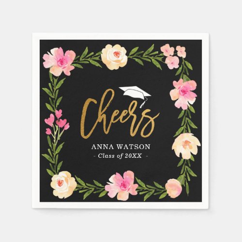 Pink Floral Gold Cheers Custom Graduation Party Napkins