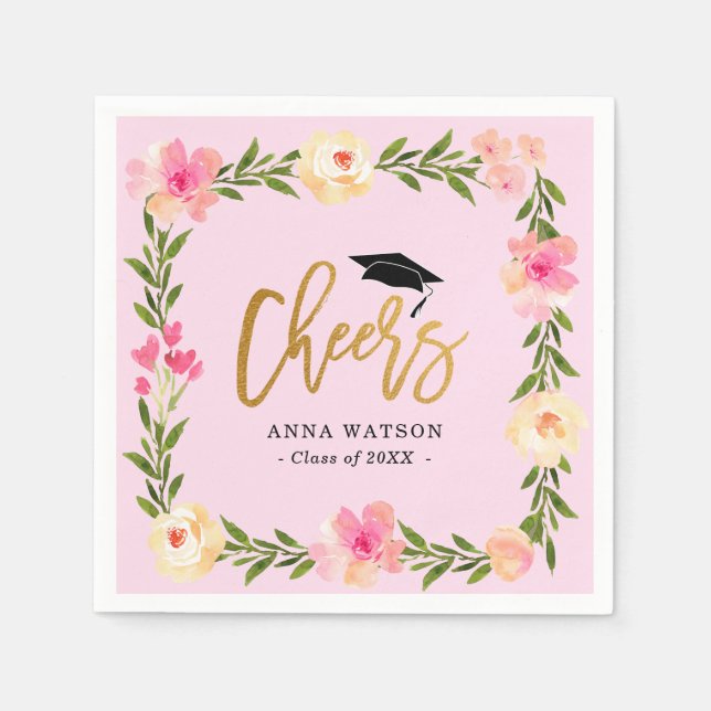 Pink Floral Gold Cheers Custom Graduation Party Napkins (Front)