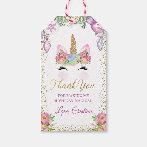 Pink Floral Gold Christmas Unicorn Favor Gift Tags